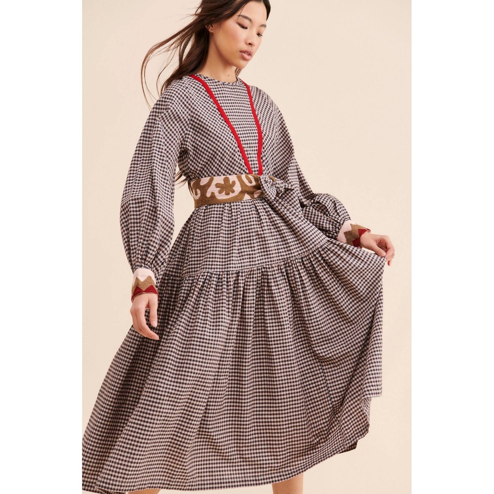 Rujuta Sheth Cotton Gingham Tiered Long Sleeves A-Line Libby Midi Dress Medium